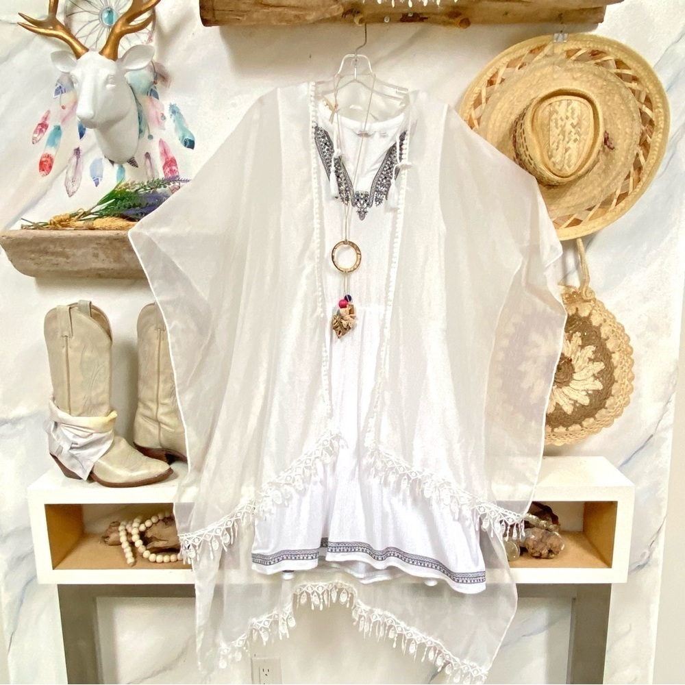 Fringe Sheer crochet summer boho Cape/cover up w resort vacay cruise beach vibe